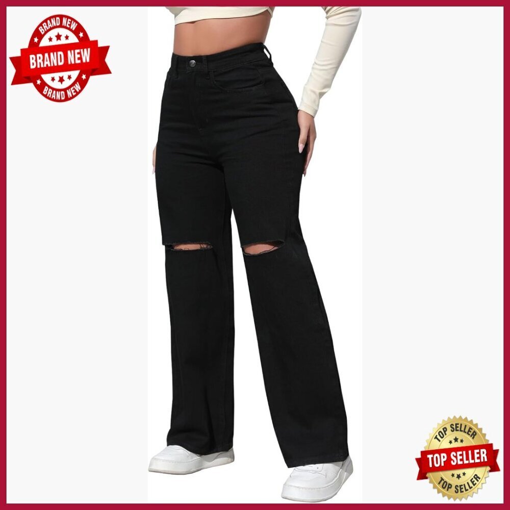 High Waist Ripped Wide Leg Boyfriend Jeans Distressed Straight Leg Denim Pants